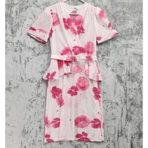 Vintage 80s Kings Row Dress Womens 11/12 Pink Floral Belted Peplum Short Sleeves